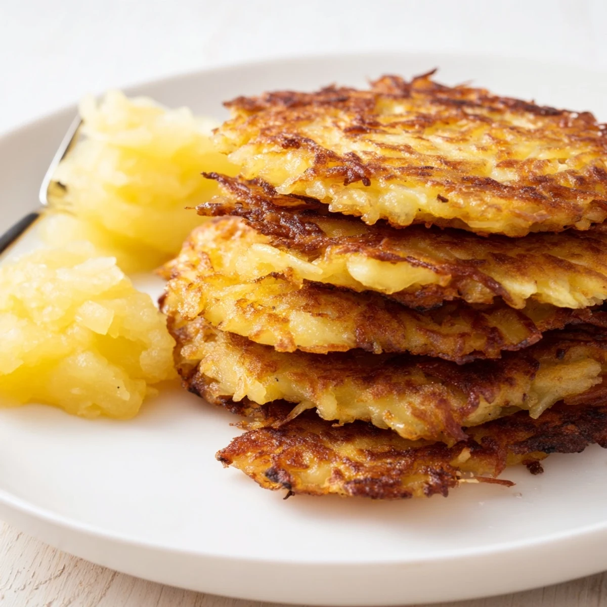 Delicious potato pancakes with applesauce, offering a comforting breakfast favorite.
