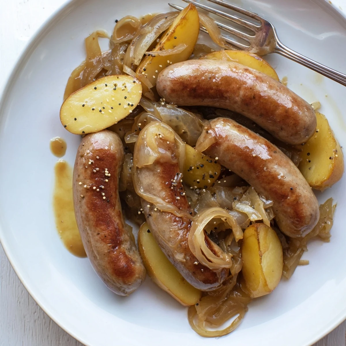 Saftige Würstchen und würziges Sauerkraut in einer rustikalen Pfanne vereint.  