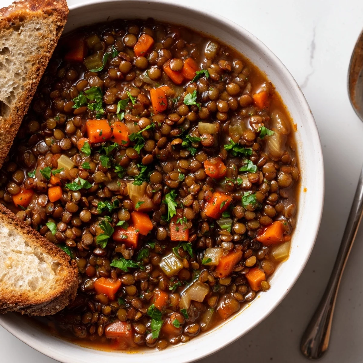 Herzhafter Lentil Stew, serviert mit frisch geröstetem Brot und Kräutern.  