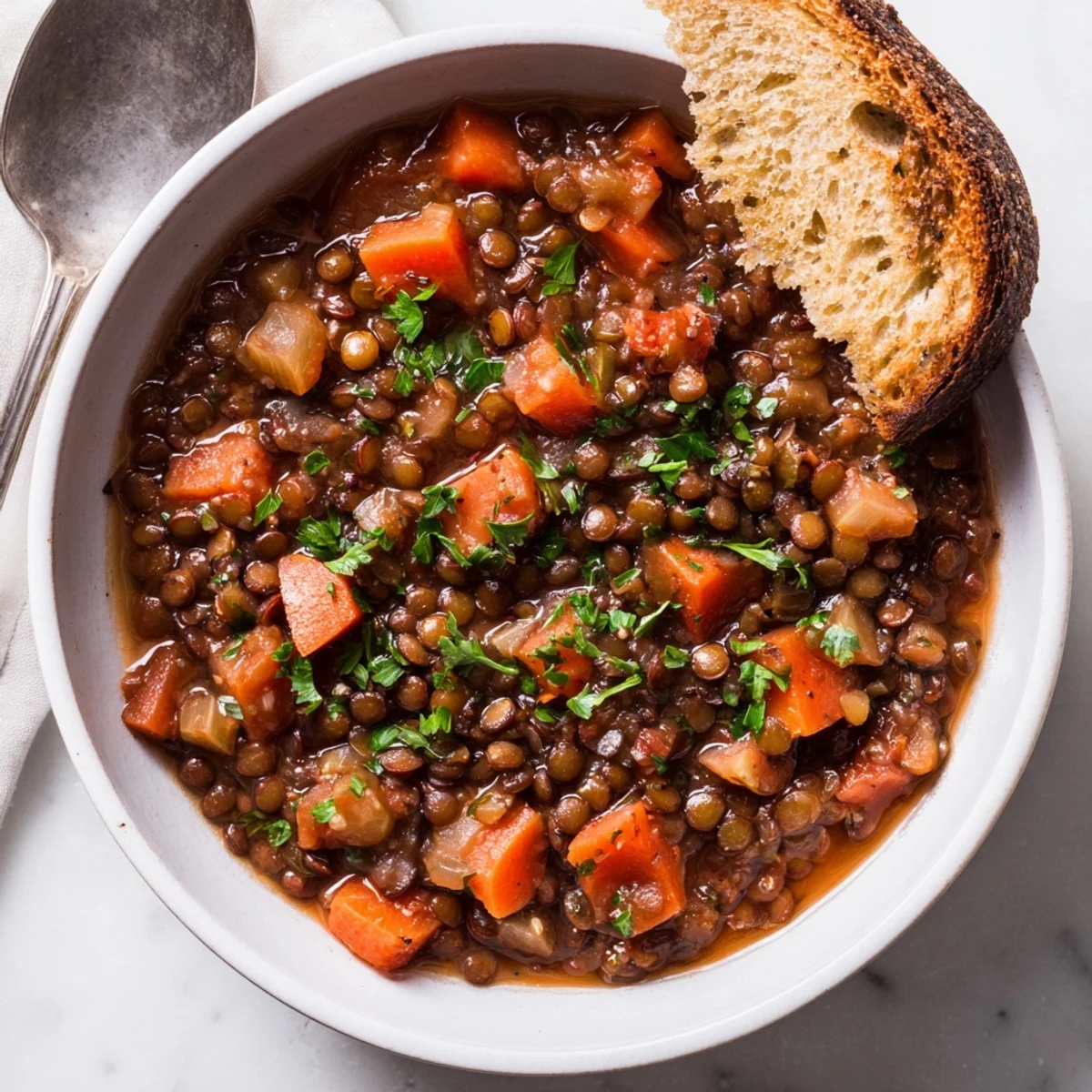 Genießen Sie eine warme Schüssel Lentil Stew, ideal mit knusprigem Brot.  