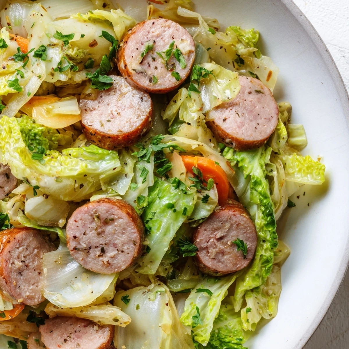 Herzhaftes Cabbage and Sausage Skillet mit zartem Gemüse und würziger Wurst.