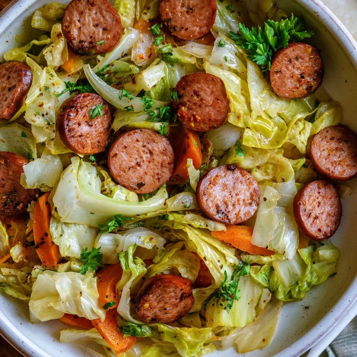 Ein köstliches Cabbage and Sausage Skillet, ideal für ein schnelles, rustikales Abendessen.