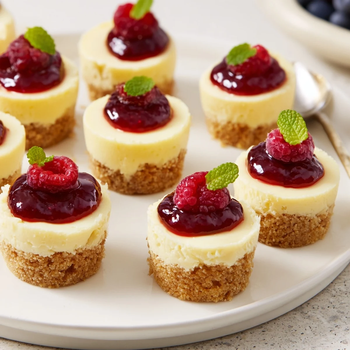 Cremige Quark Cheesecake Bites mit fruchtiger Himbeersauce und frischen Beeren dekoriert.  