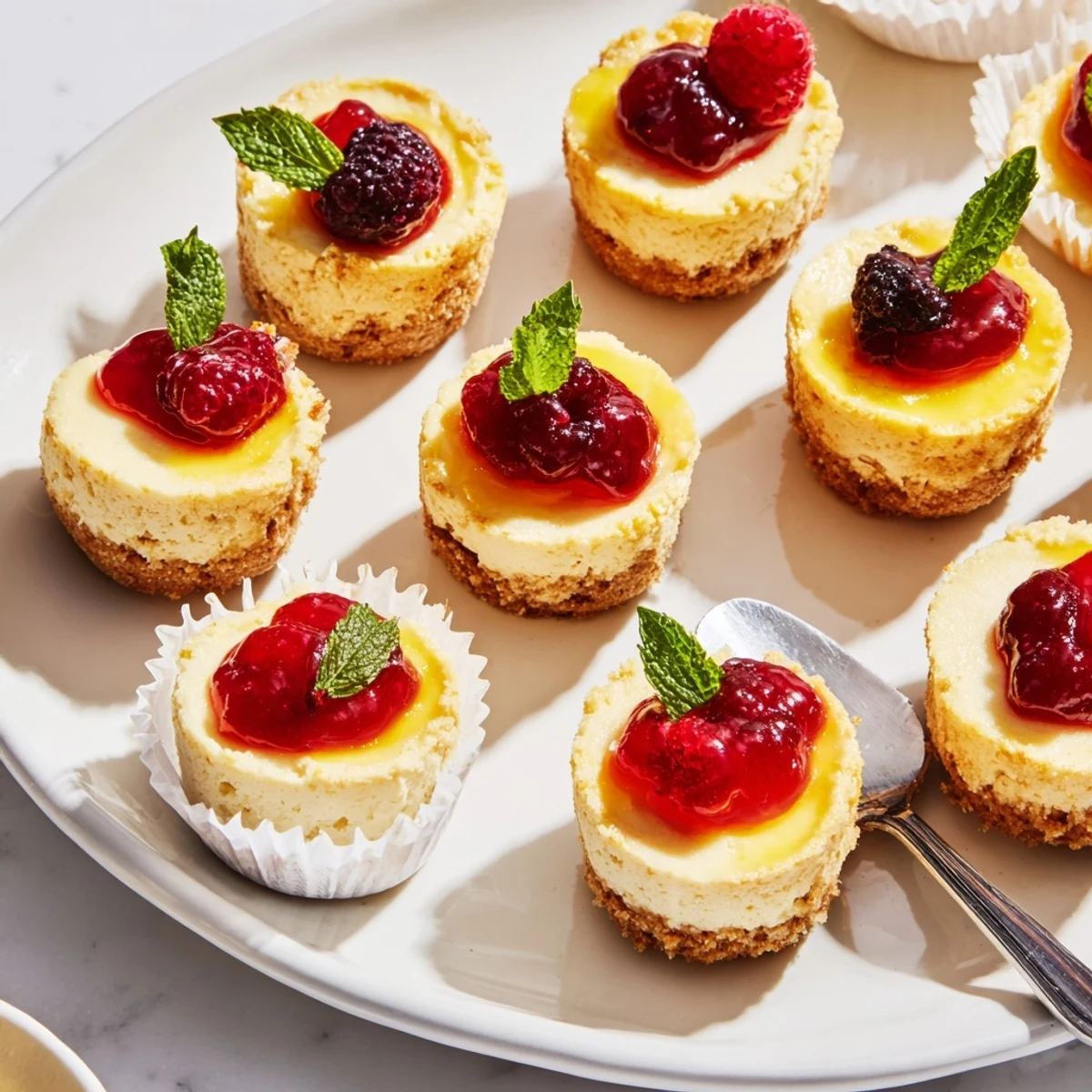 Kleine Quark Cheesecake Bites auf knusprigem Keksboden für süßen Genuss.  