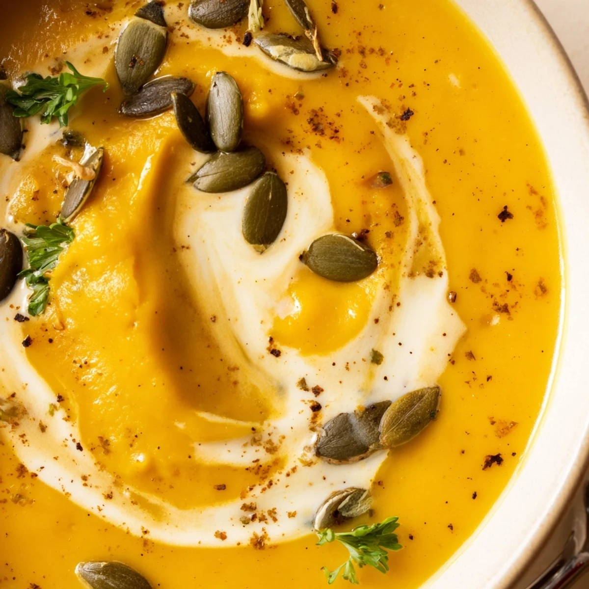 Cremige, aromatische Roasted Pumpkin Soup, perfekt garniert mit gerösteten Kürbiskernen.