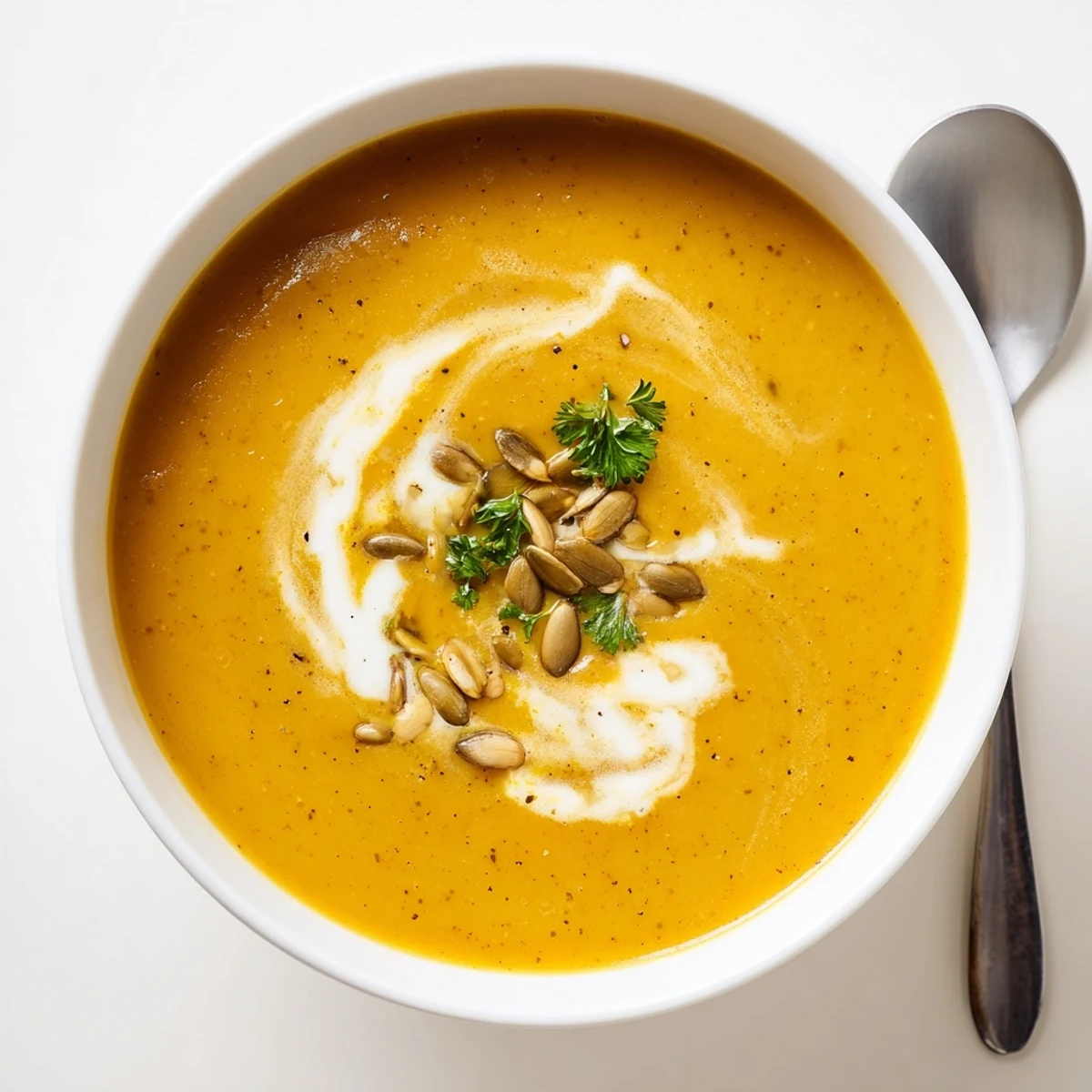 Heiß servierte Roasted Pumpkin Soup in einer Schüssel, verziert mit frischen Kräutern.