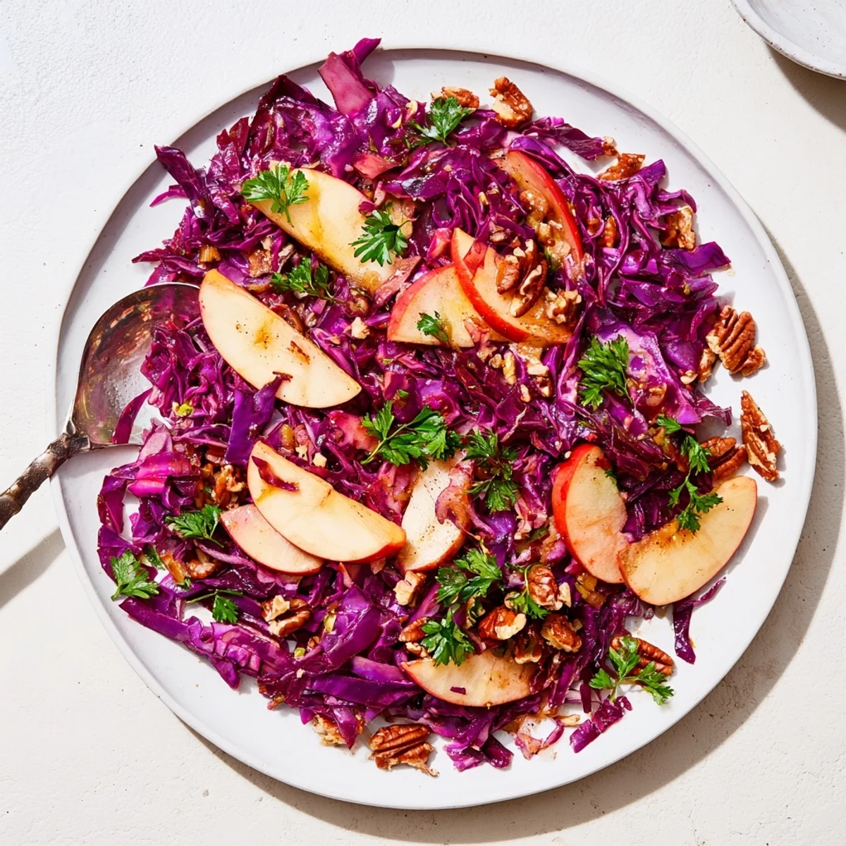 Herzhaftes Warm Red Cabbage Salad, angereichert mit frischen Kräutern und Nüssen.