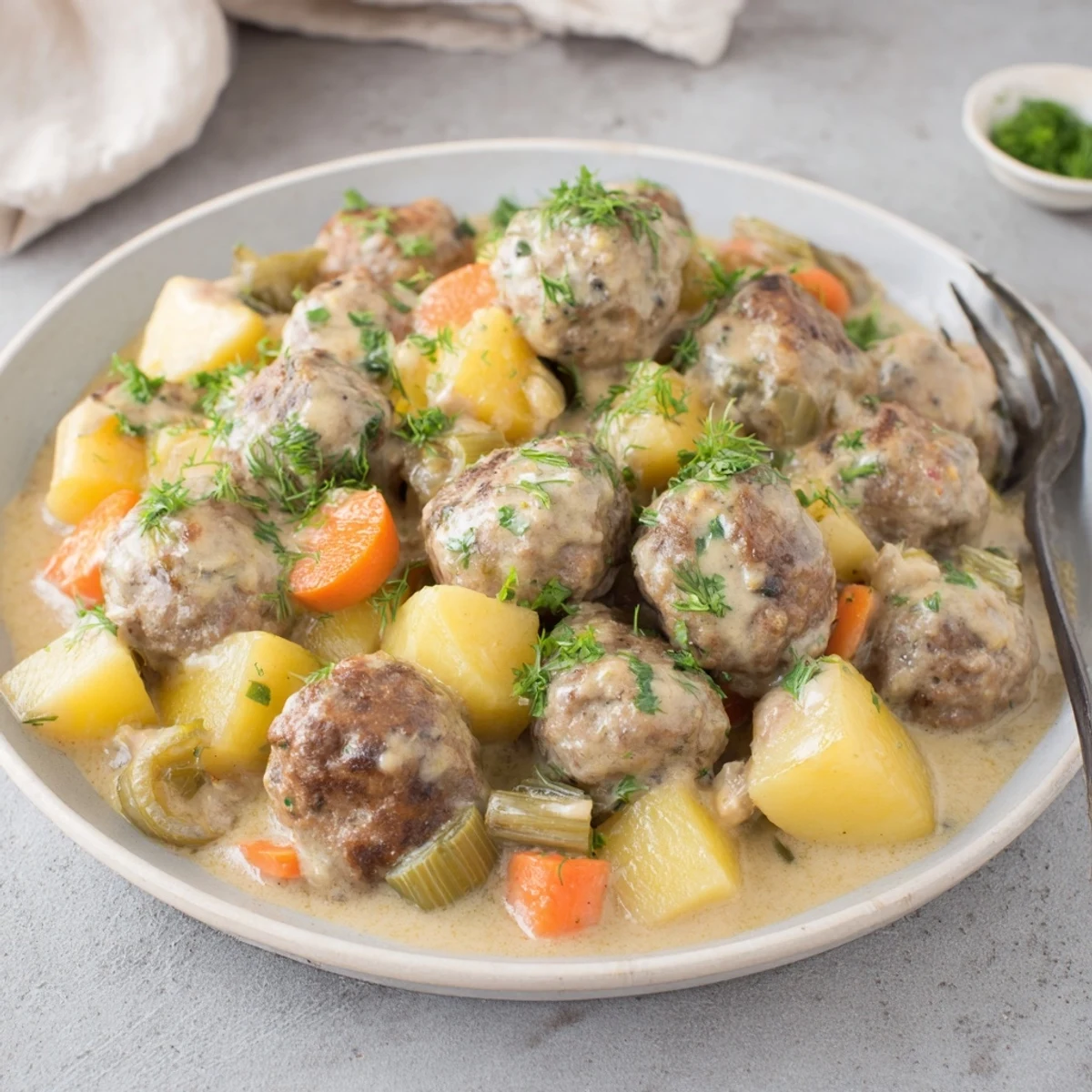 Einfache One-Pot deutsche Fleischbällchen, ideal für ein herzhaftes Abendessen.  