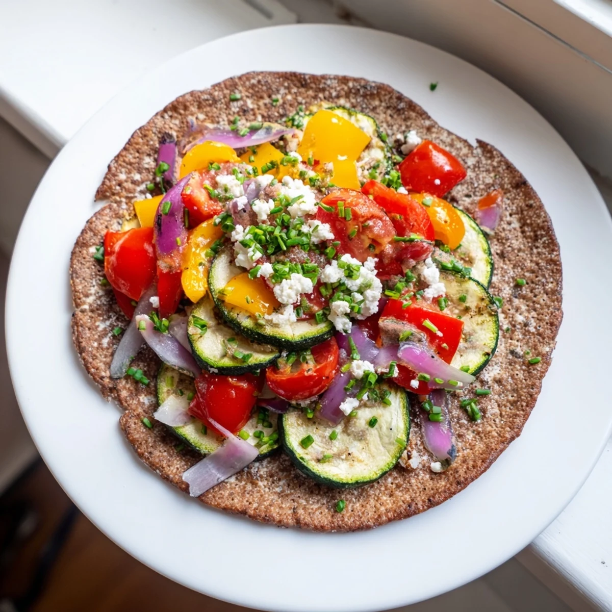 Savory buckwheat pancakes topped with colorful roasted vegetables, a delicious vegetarian feast.