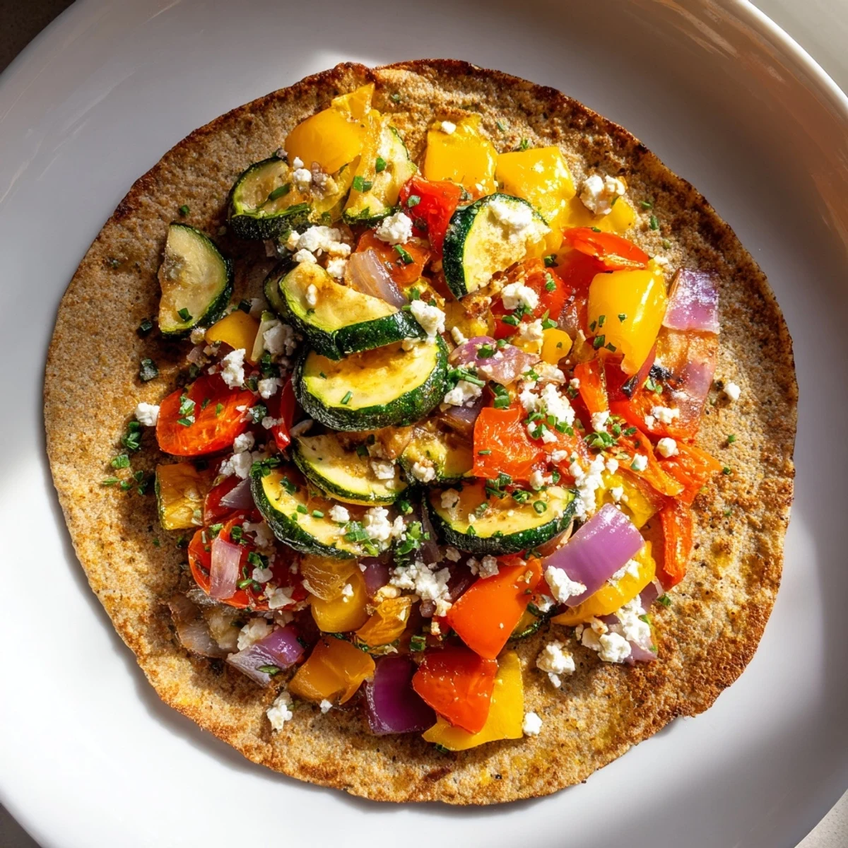 A plate of homemade savory buckwheat pancakes with roasted vegetables, a comforting and healthy meal.