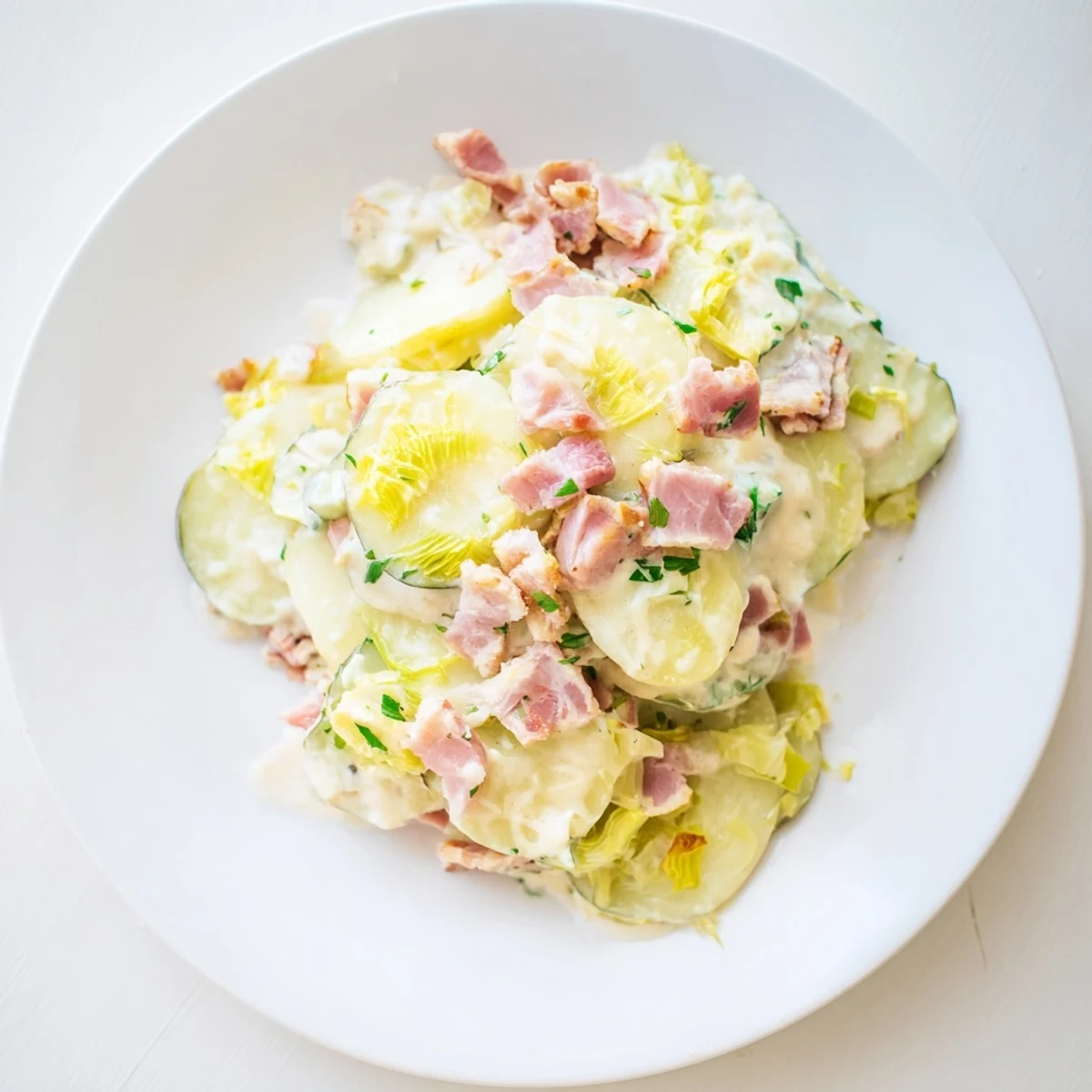 One-Pan German Potato & Leek Bake, a bubbly, golden bake featuring tender potatoes and crispy bacon.