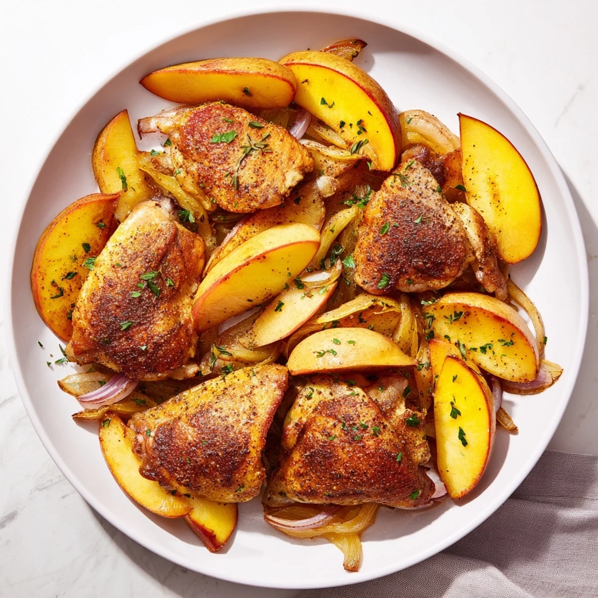 Golden-brown Sheet-Pan German-Style Chicken with apples and onions, ready to serve with fresh parsley.