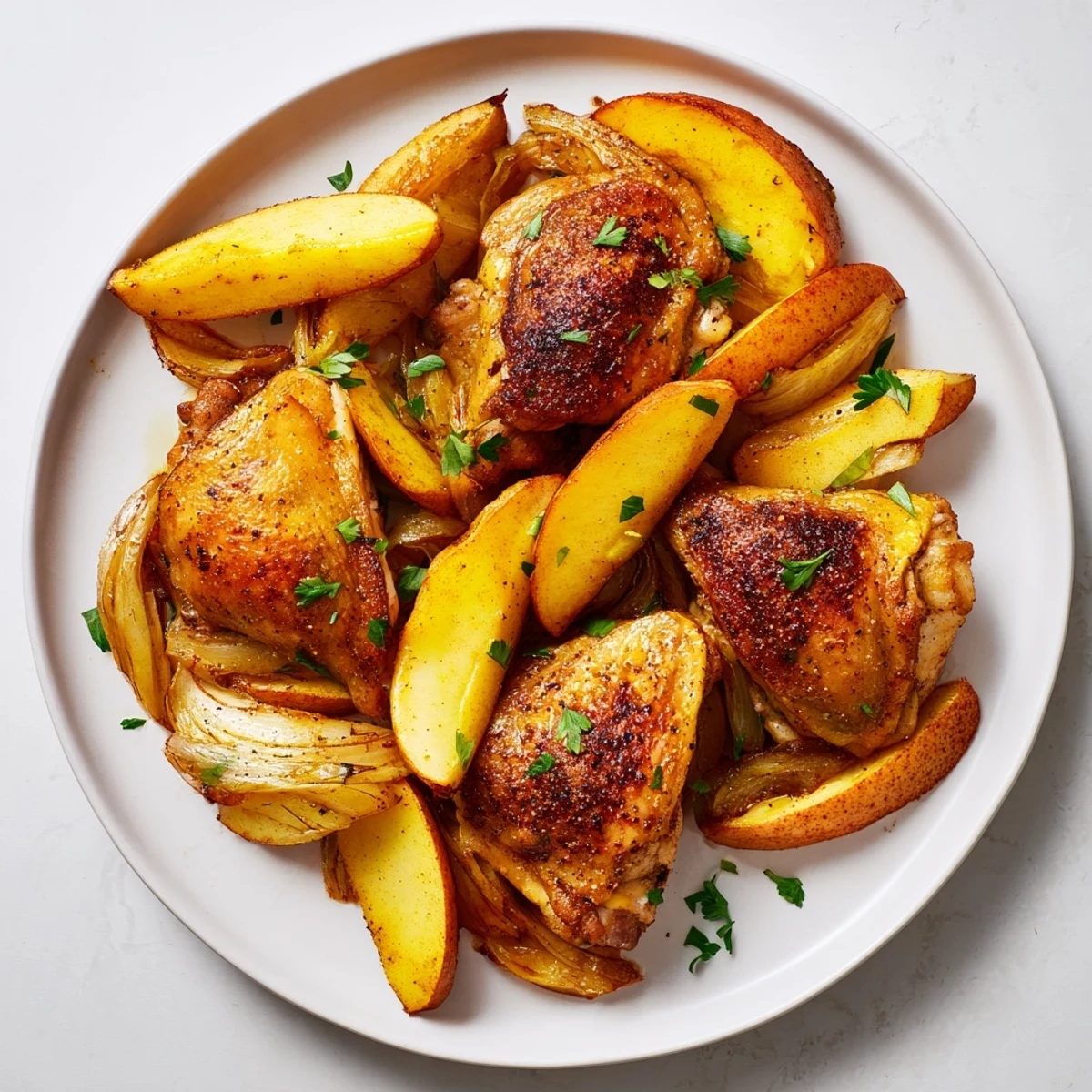 A delicious close-up of sheet pan German-style chicken, showcasing crispy chicken and caramelized onions.