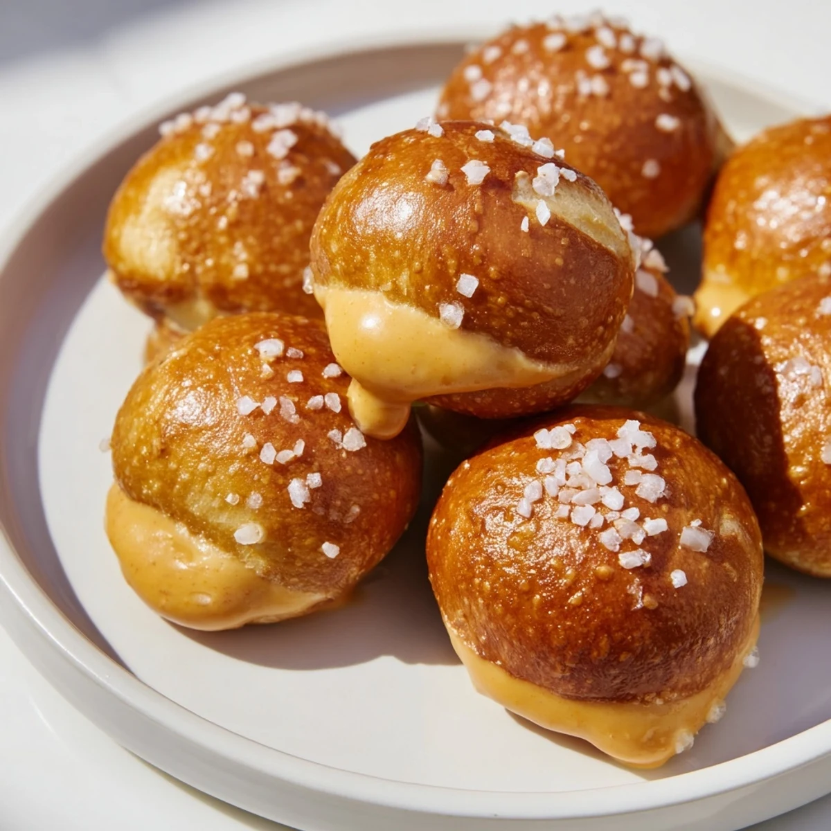 Warm pretzel bites ready to be dipped into a rich beer cheese sauce for a delicious treat.