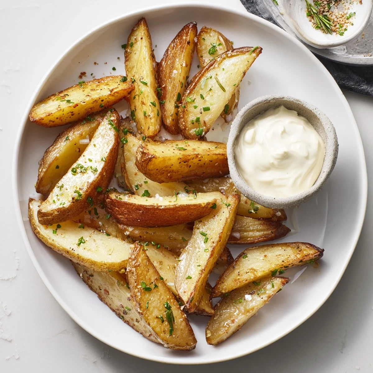 Enjoy flavorful Vegetarian Herb Potato Wedges with Mustard Dip, alongside a creamy mustard dip, simple food.