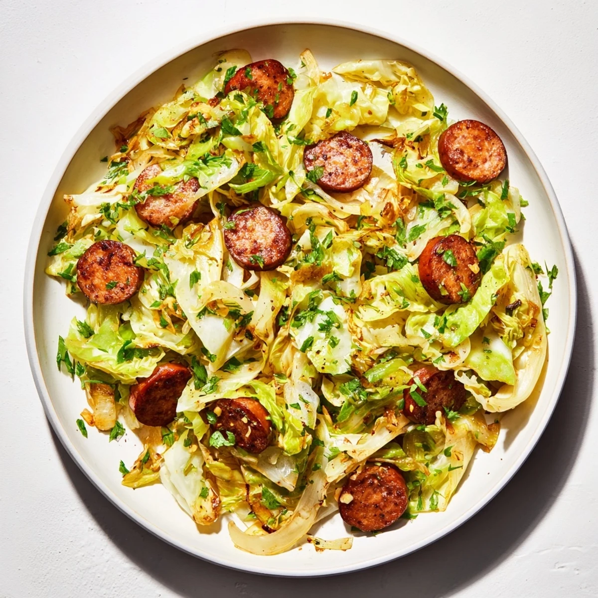 Sich knusprig färbende Crispy Cabbage & Sausage Skillet in einer gusseisernen Pfanne, perfekt für das Abendessen.