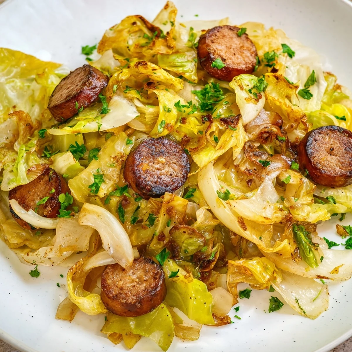 Nahaufnahme von dampfendem Crispy Cabbage & Sausage Skillet mit karamellisiertem Kohl und goldenem Wurst.