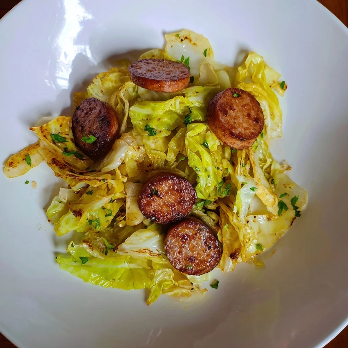 Helles Bild von serviertem Crispy Cabbage & Sausage Skillet, garniert mit frischer Petersilie, ein köstliches Gericht.
