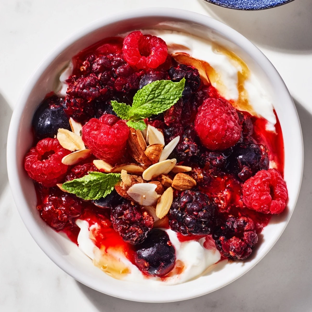 Warm, ruby-red German Spiced Berry Compote drizzled over creamy vanilla yogurt, a perfect breakfast.
