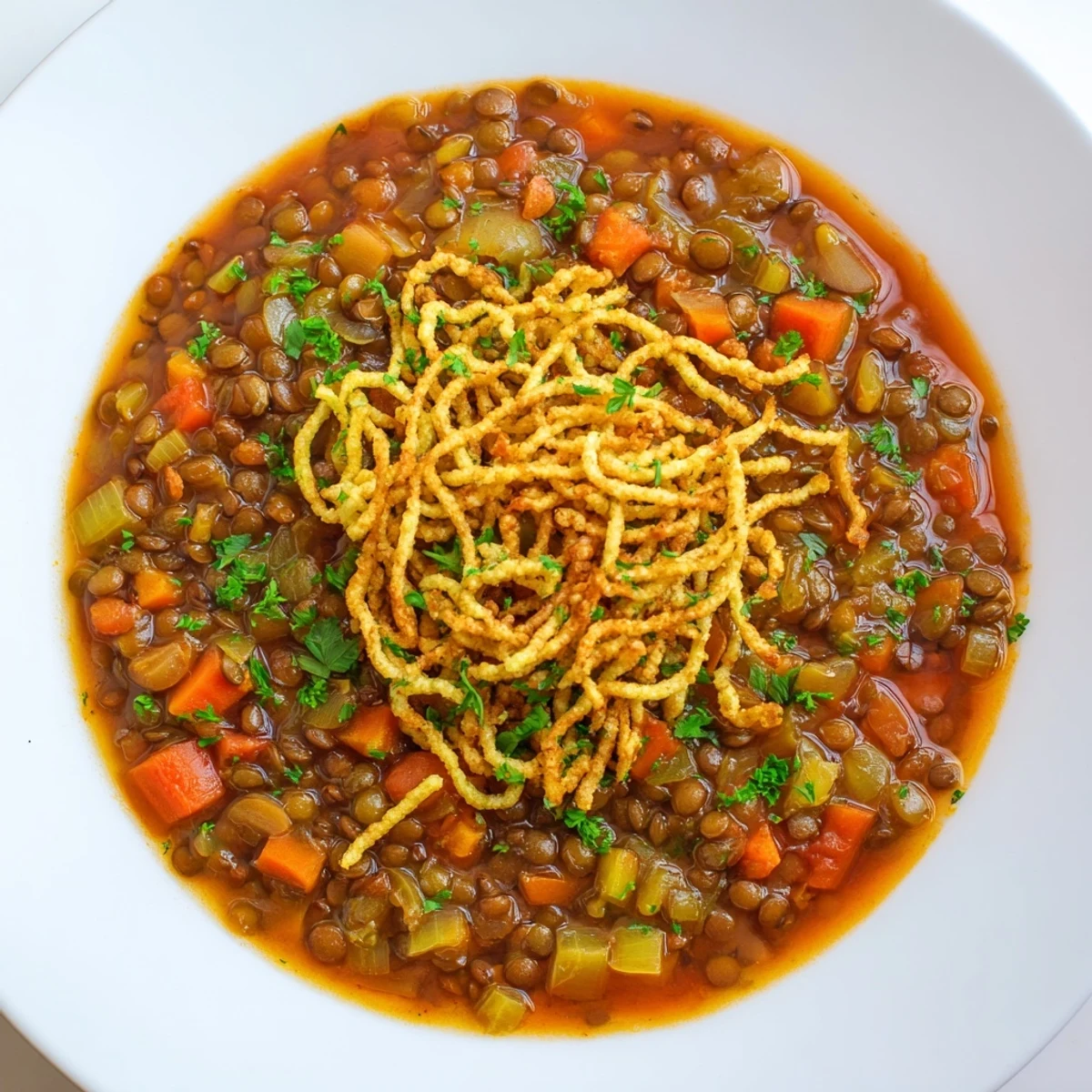 Budget Lentil & Spätzle Bowl: a warm, hearty meal with tender lentils and fluffy Spätzle, garnished with fresh parsley.