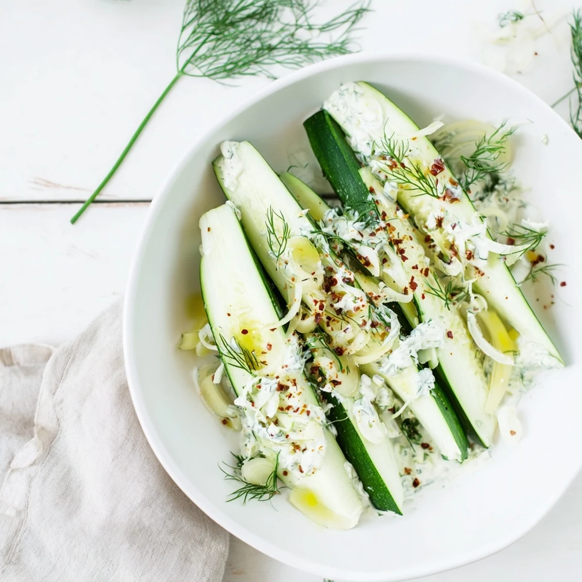 Crisp cucumbers in a vibrant Cold Cucumber-Dill Salad, glistening with creamy yogurt and fresh herbs.