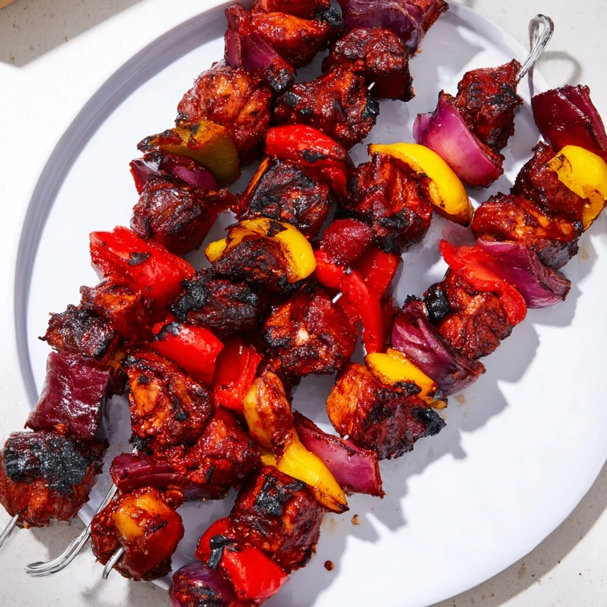 Glühwein-Marinated Chicken Skewers glistening from the grill with colorful bell peppers; a hearty main course.