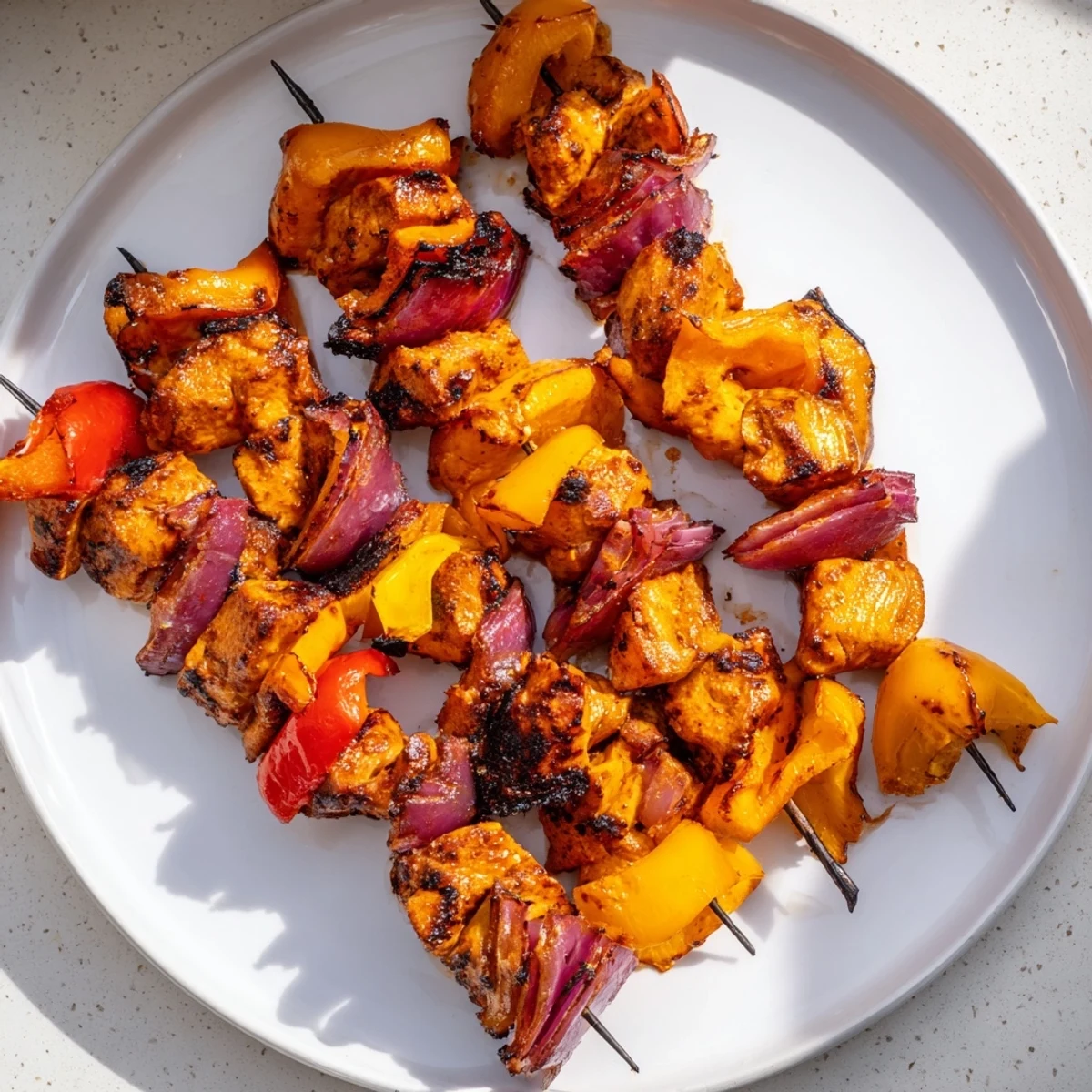 Succulent Glühwein-Marinated Chicken Skewers, charred to perfection, served with colorful peppers and onions; great for grilling.