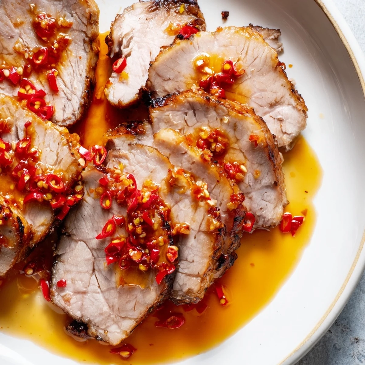 Golden-brown Bavarian roast pork, expertly sliced, with a vibrant chili-ginger sauce drizzled over each piece.
