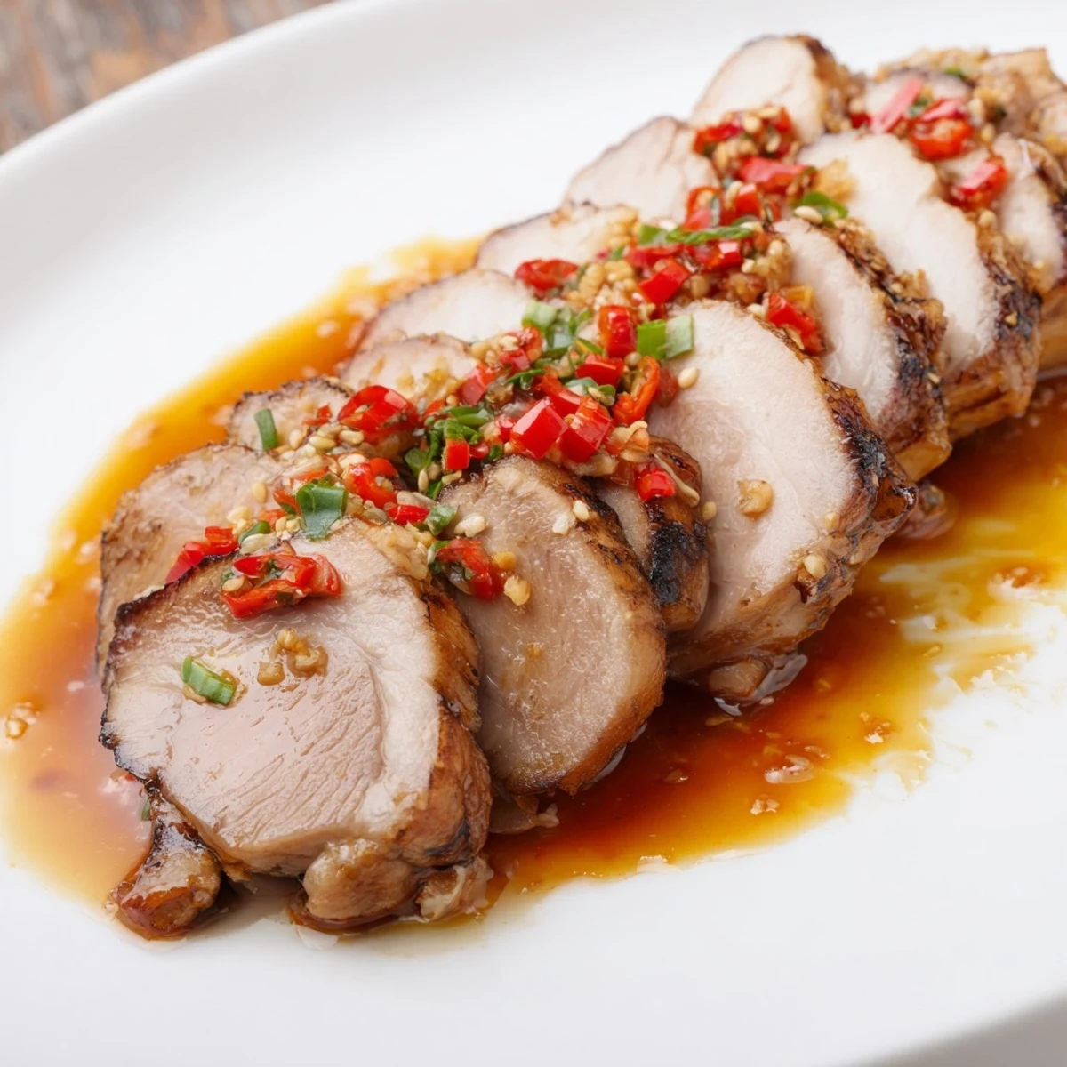 Slow-cooked Bavarian roast pork, juicy and tender, ready to be served with aromatic chili-ginger glaze.