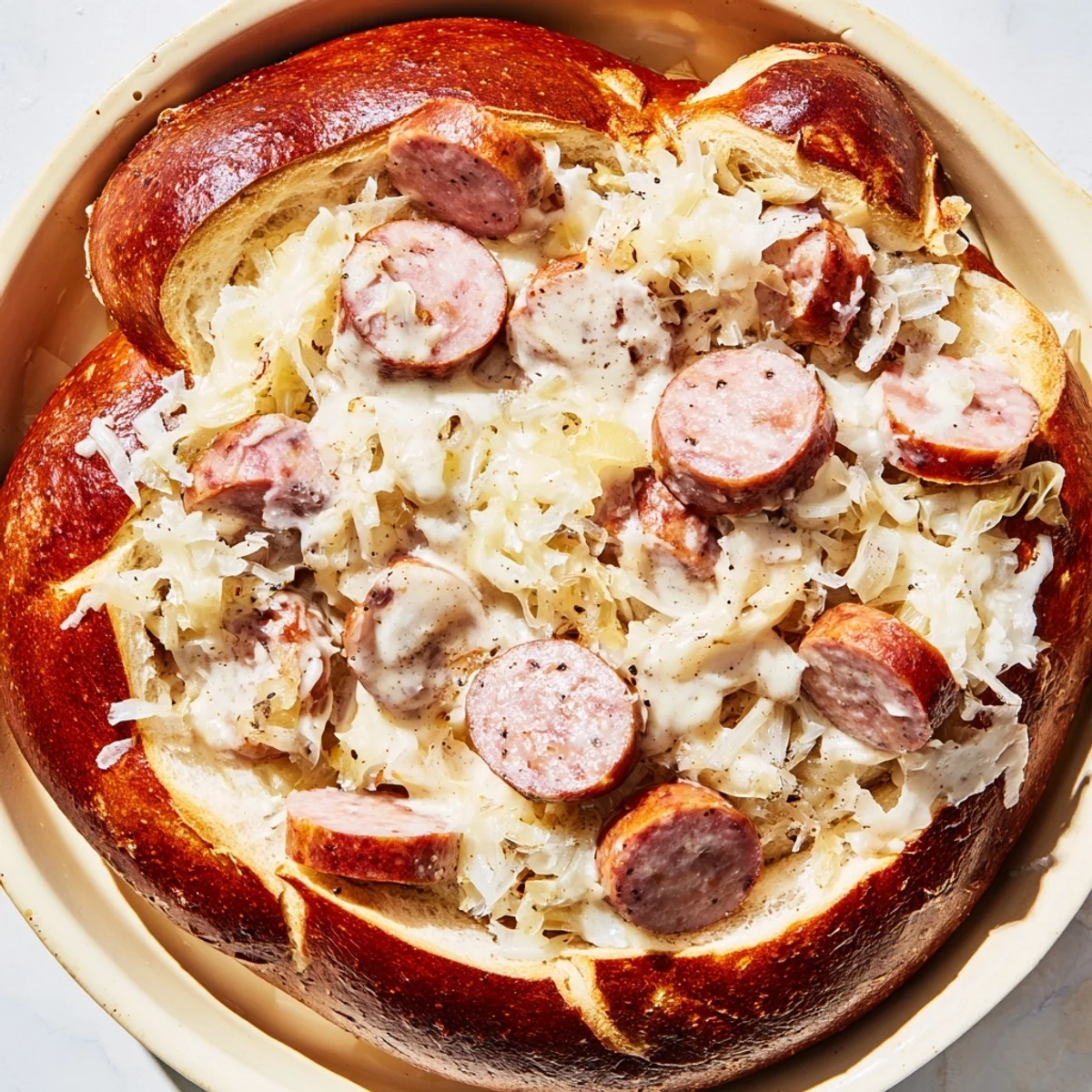 Golden, bubbly Bratwurst & Sauerkraut Pie with a buttery pretzel crust, ready to serve with a crisp beer.