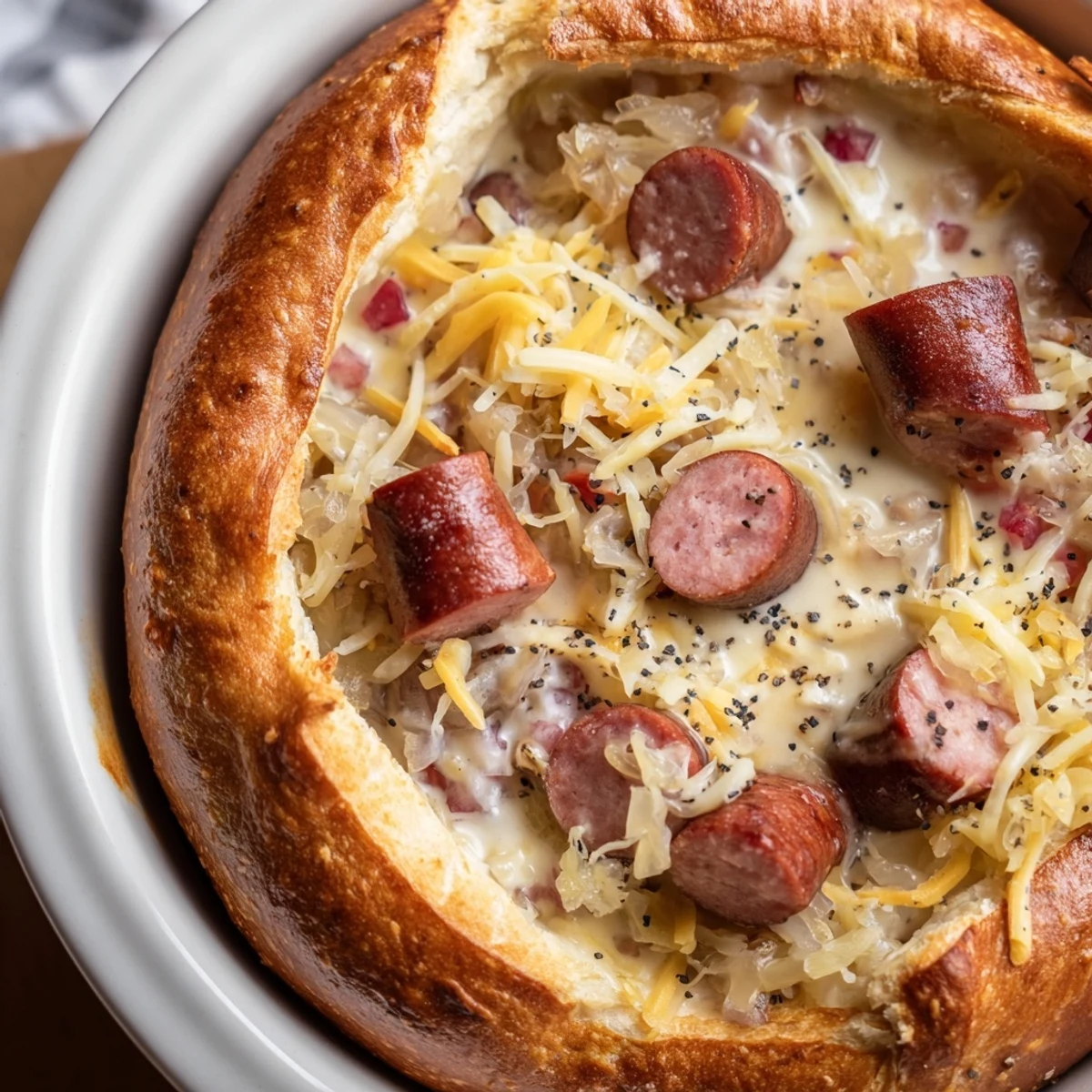 Hearty Bratwurst & Sauerkraut Pie, offering a close-up of the savory pretzel crust and filling.