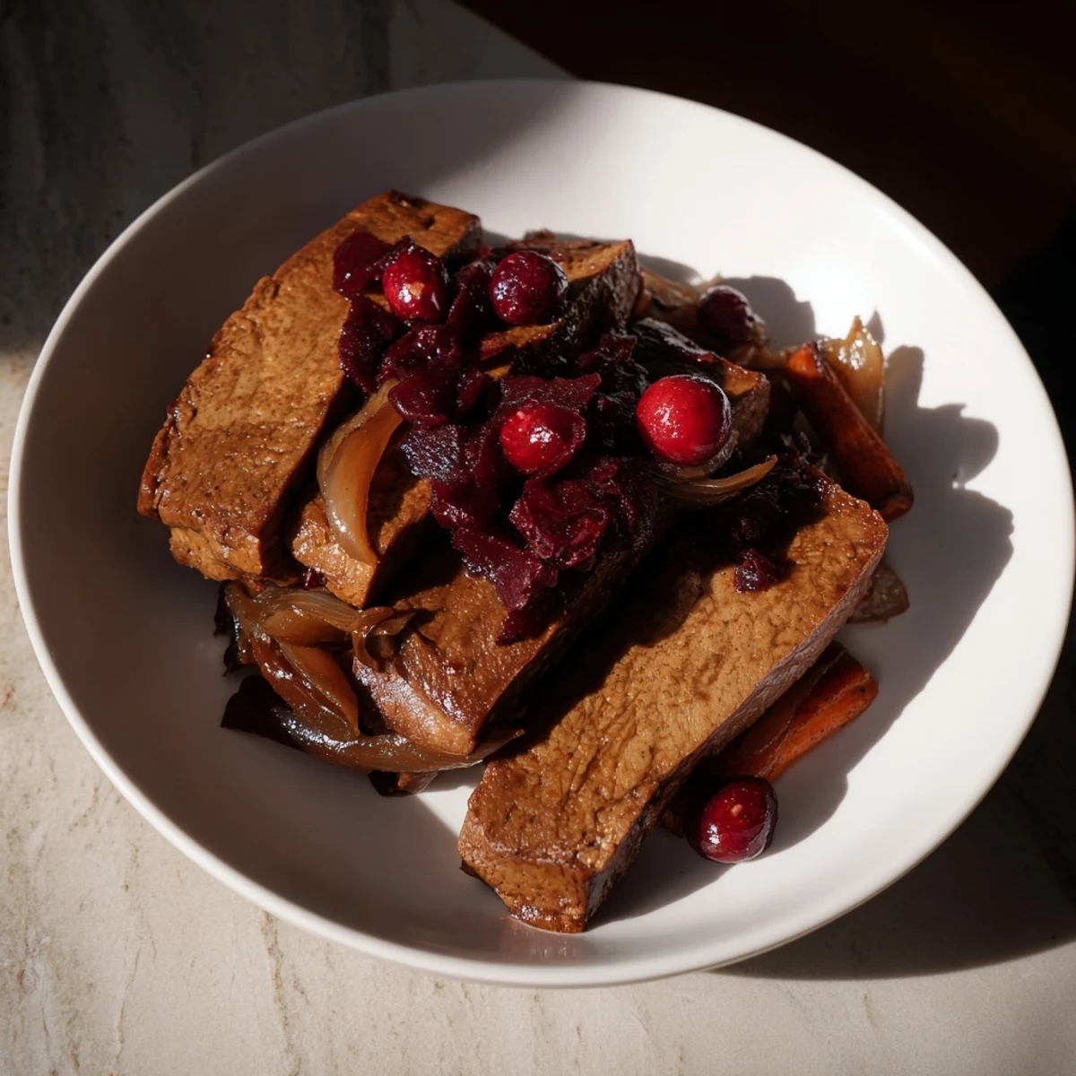 Hearty Vegan Sauerbraten, glistening with rich gravy, alongside red cabbage and dumplings.