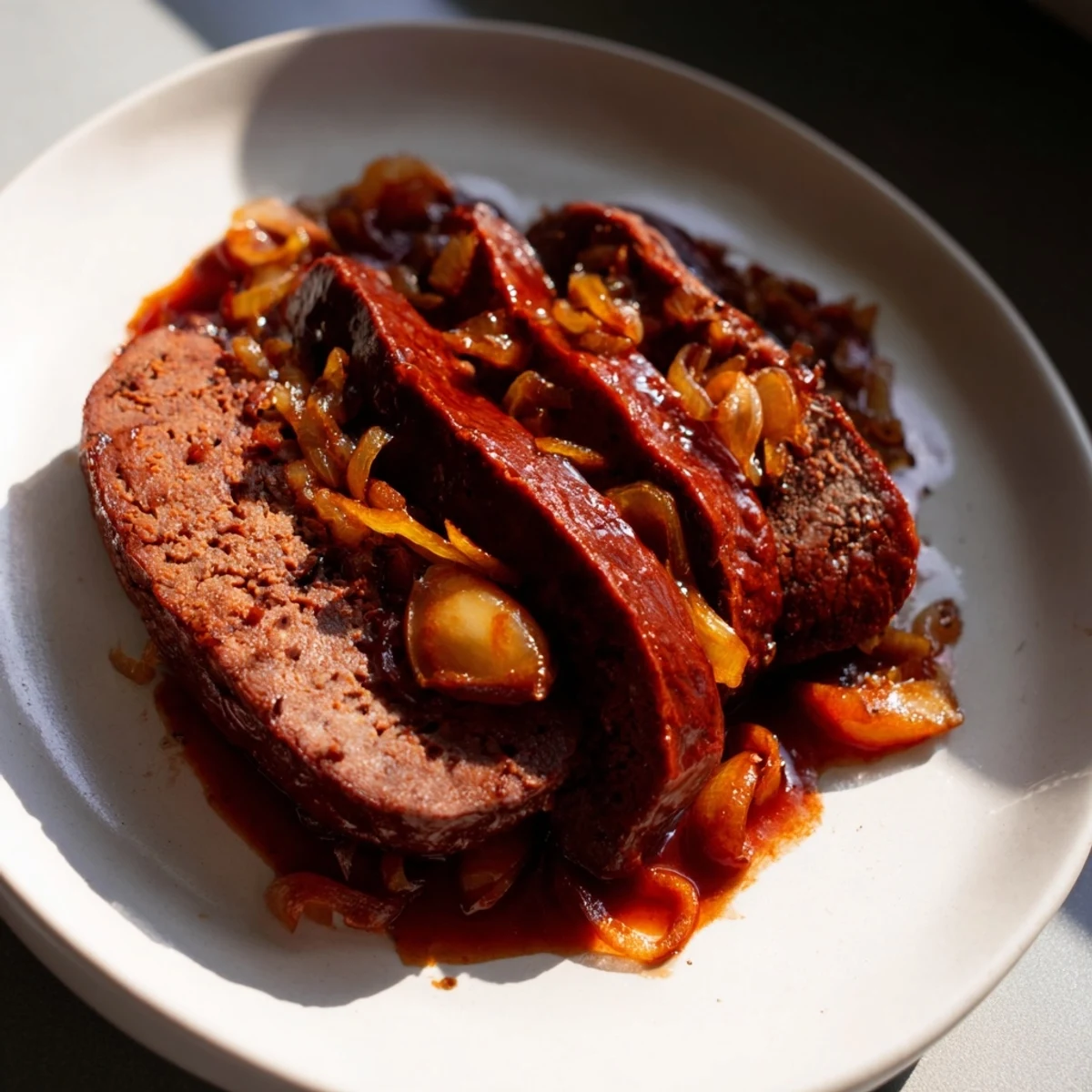 Tender Vegan Sauerbraten, braised in a flavorful cranberry-balsamic marinade, ready to serve.