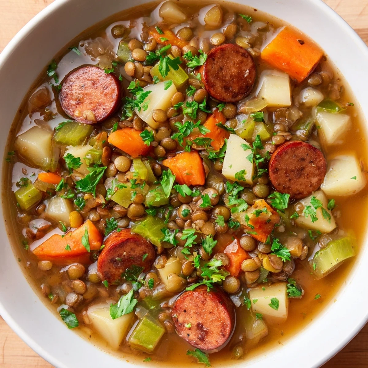 Hearty Instant Pot German Lentil Stew with chorizo, steaming and ready to serve with crusty bread.