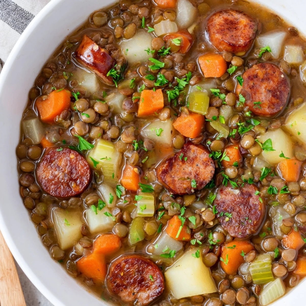 Close-up of the flavorful Instant Pot German Lentil Stew, featuring rich chorizo and vegetables.