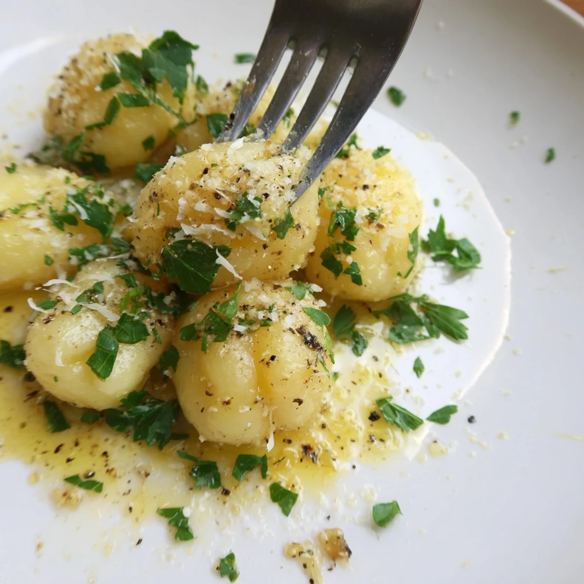 Gedämpfte Kartoffelknödel in goldbrauner Butter, umhüllt von Parmesan und Knoblauch, ein Gericht zum Genießen.