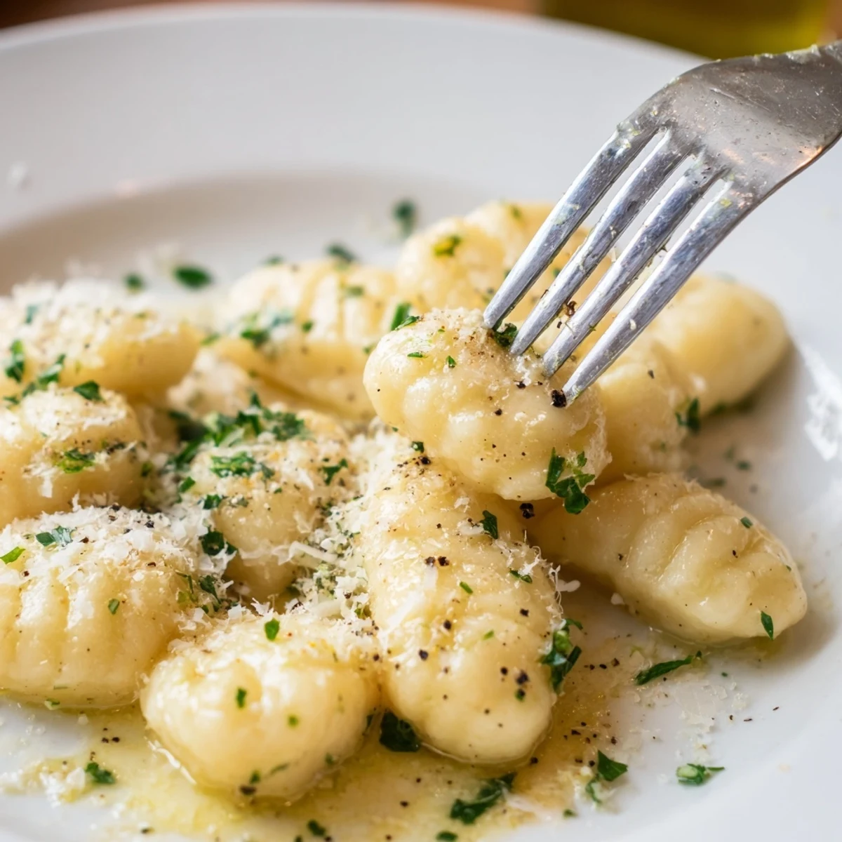 Warme Kartoffelknödel, bedeckt mit Parmesan-Garlic Brown Butter, ein herzhaftes Abendessen, das nach Knoblauch duftet.