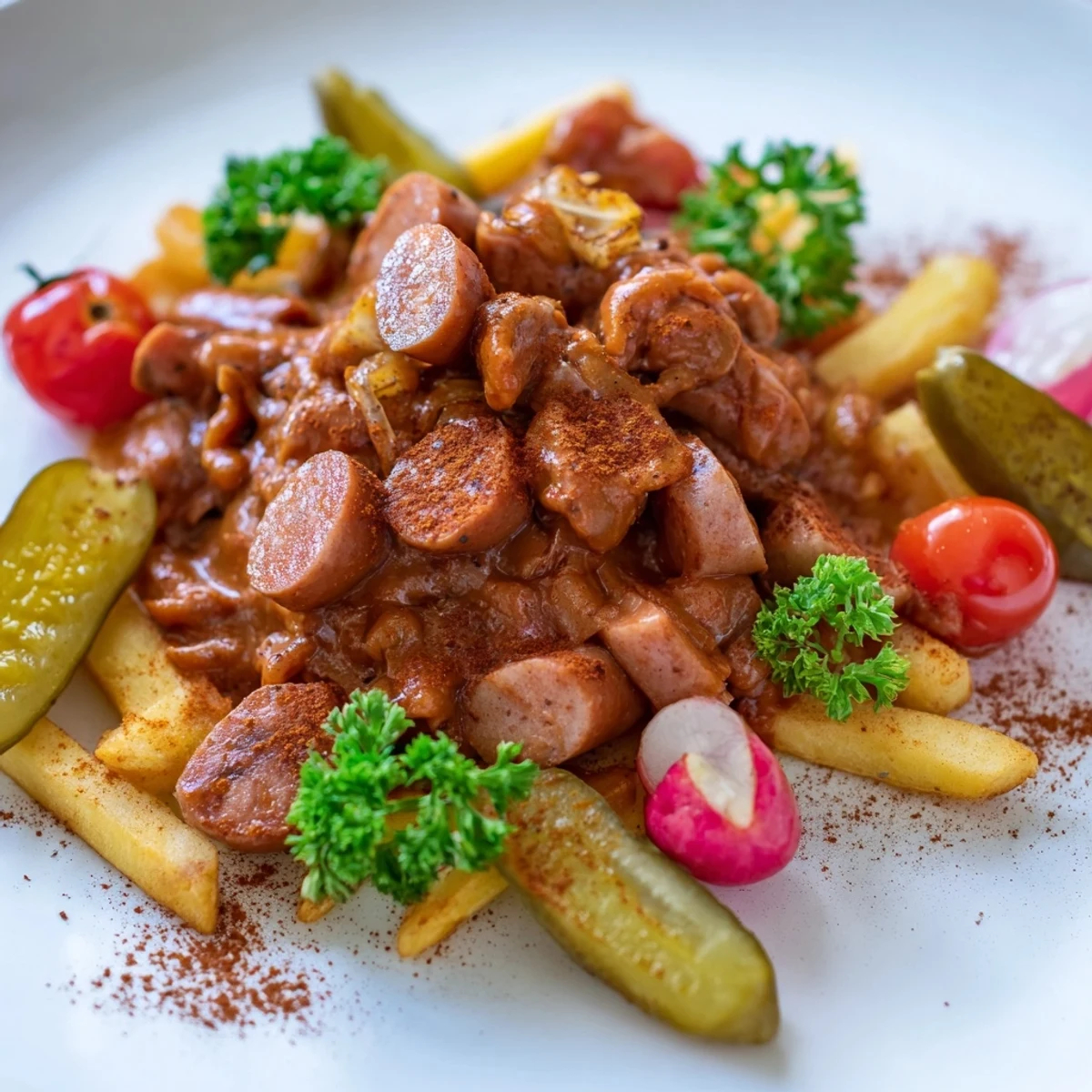 A delicious currywurst board featuring German sausages, global mustards, and fresh garnishes for dipping.