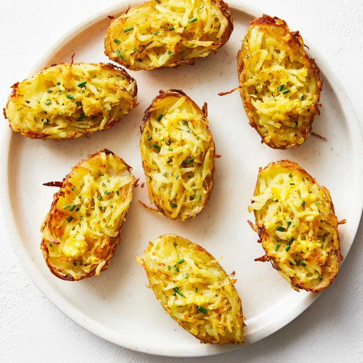 Golden, crispy potato rösti boats, ready to be filled with savory toppings for brunch or a snack.