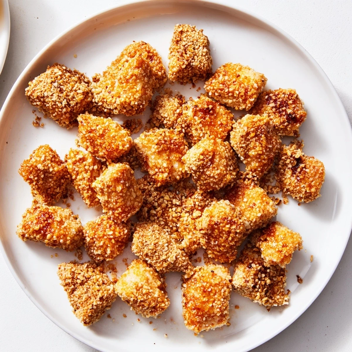 Golden-brown pretzel crusted chicken bites ready to be served, a satisfying appetizer choice.