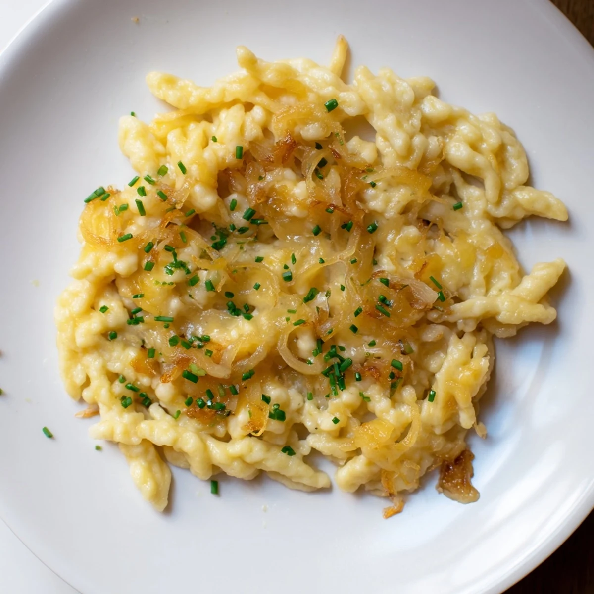 Golden, bubbly cheesy spaetzle skillet, a vegetarian comfort food classic, ready to serve!