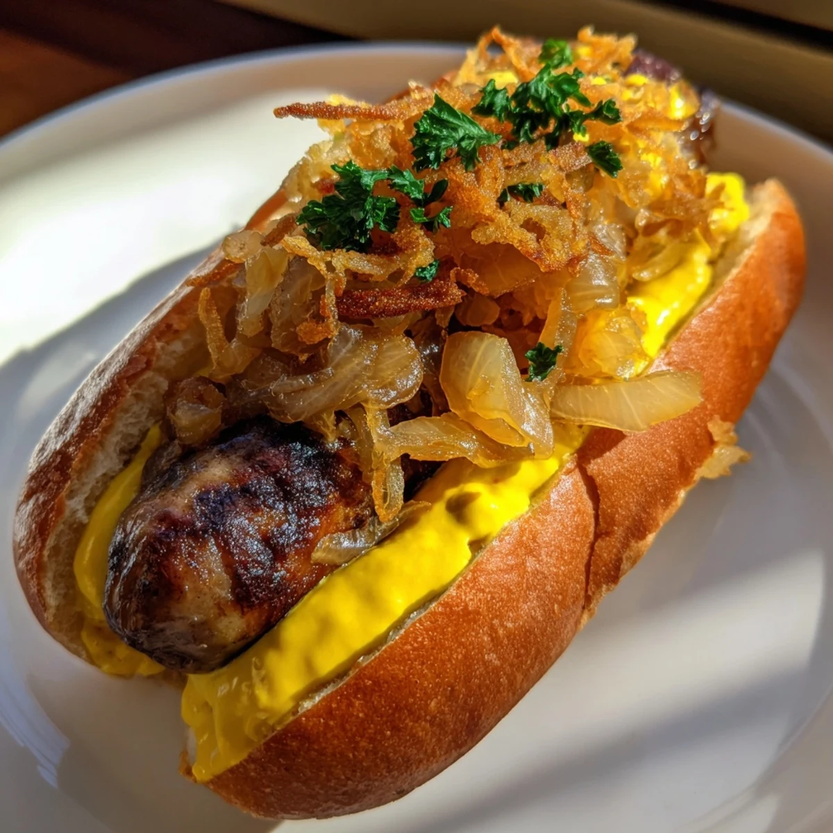 Juicy mini bratwurst sliders, grilled to perfection, stacked high with tangy sauerkraut and crispy onions.