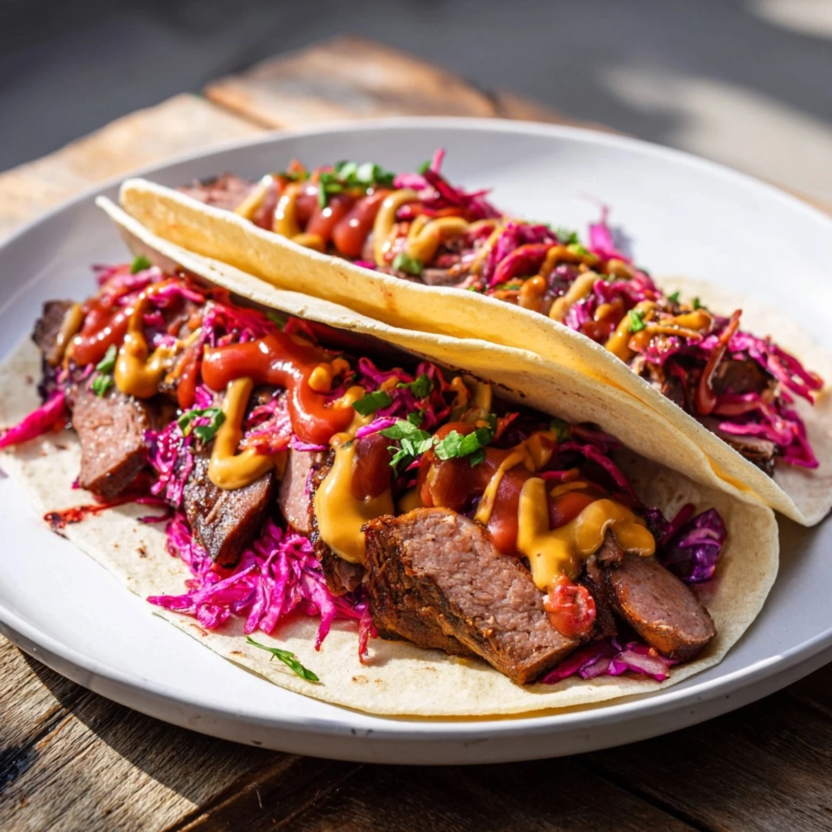 A vibrant food shot of sizzling Berlin Currywurst Tacos, ready to be enjoyed with fresh toppings.