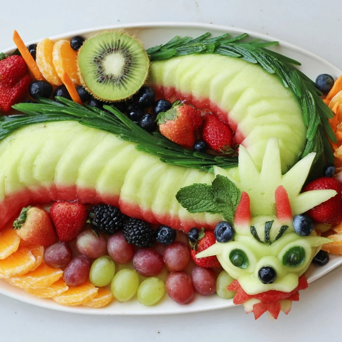 Fresh, colorful fruits create a stunning Dragon-Shaped Fruit Tray, ideal for a festive occasion.