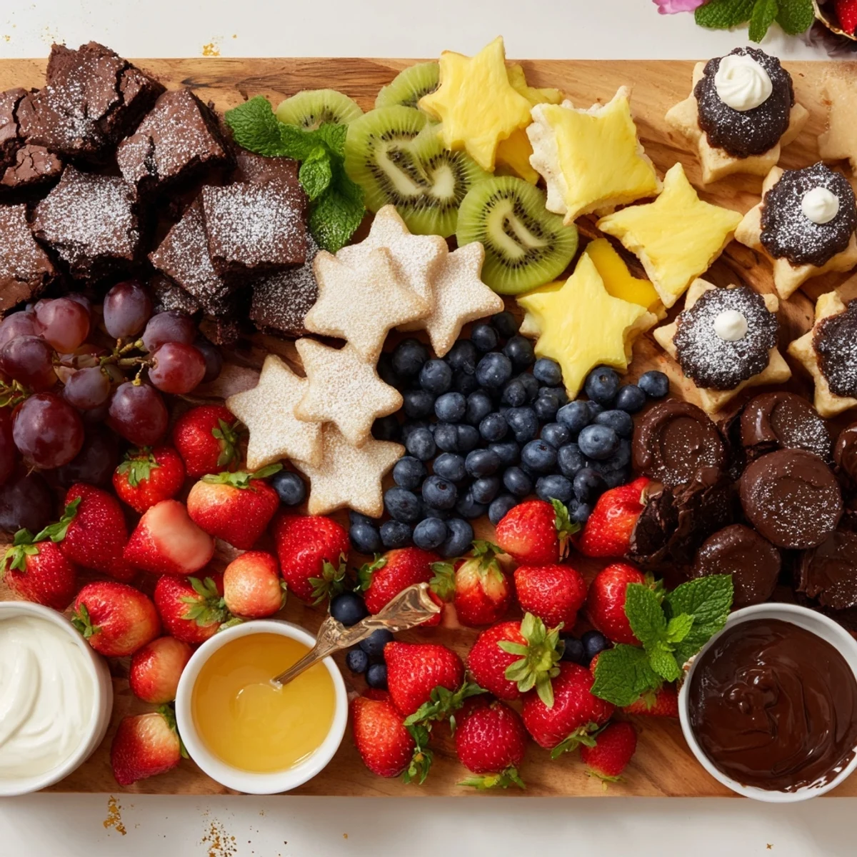 Festliche Star-Studded Dessert Board mit bunten Früchten, Dips und glänzenden Stern-Streuseln.