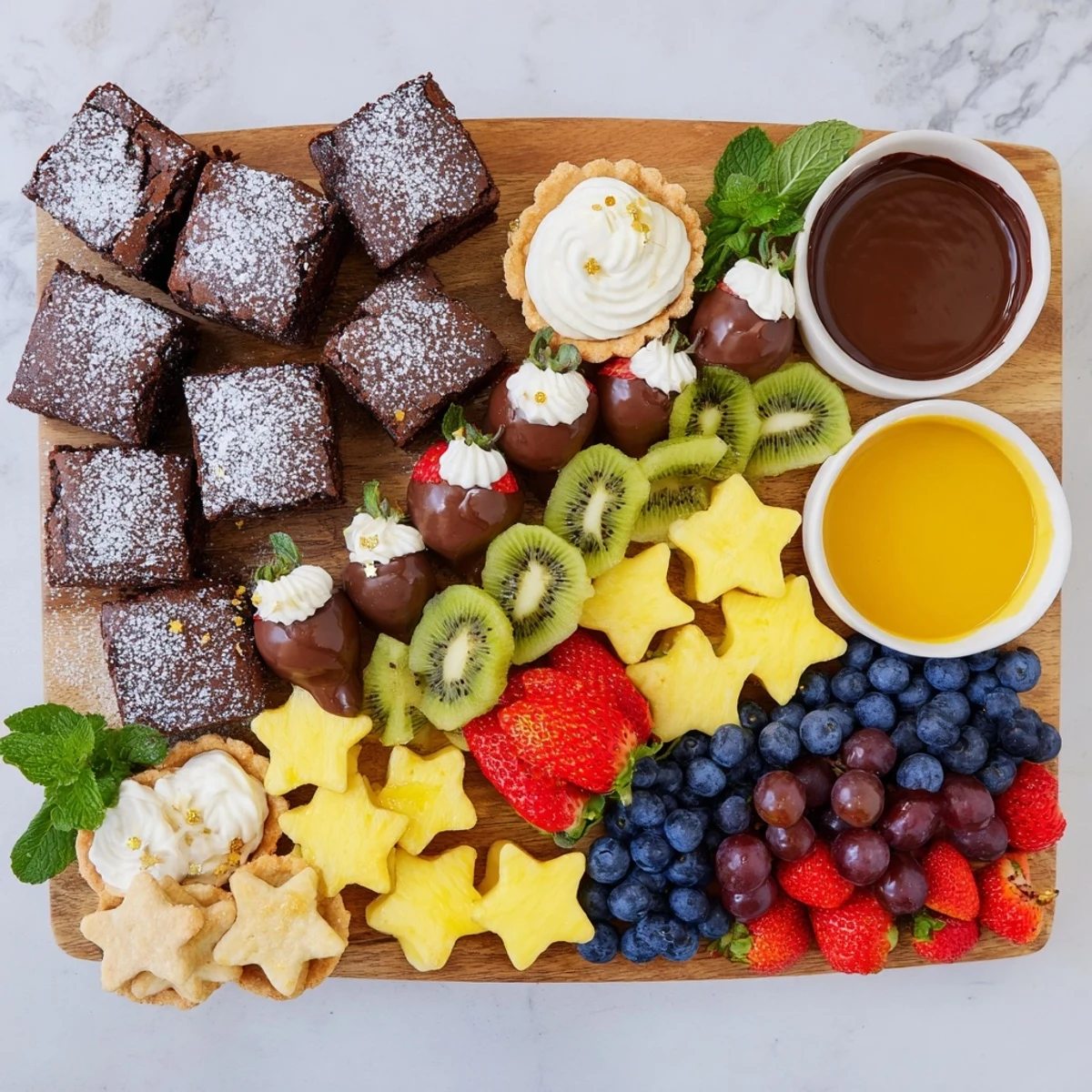 Nahaufnahme einer reichhaltigen Star-Studded Dessert Board mit kleinen Kuchen, frischen Früchten und cremigen Dips.