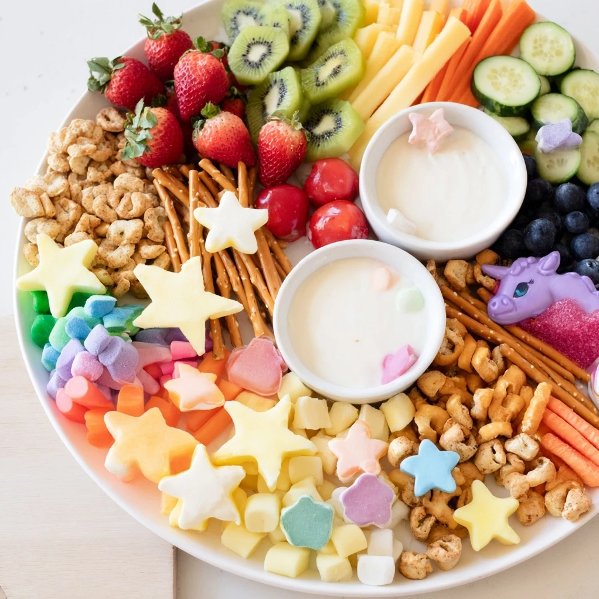 Rainbow of fresh fruits and savory bites on a whimsical Unicorn Party Platter, perfect for sharing.