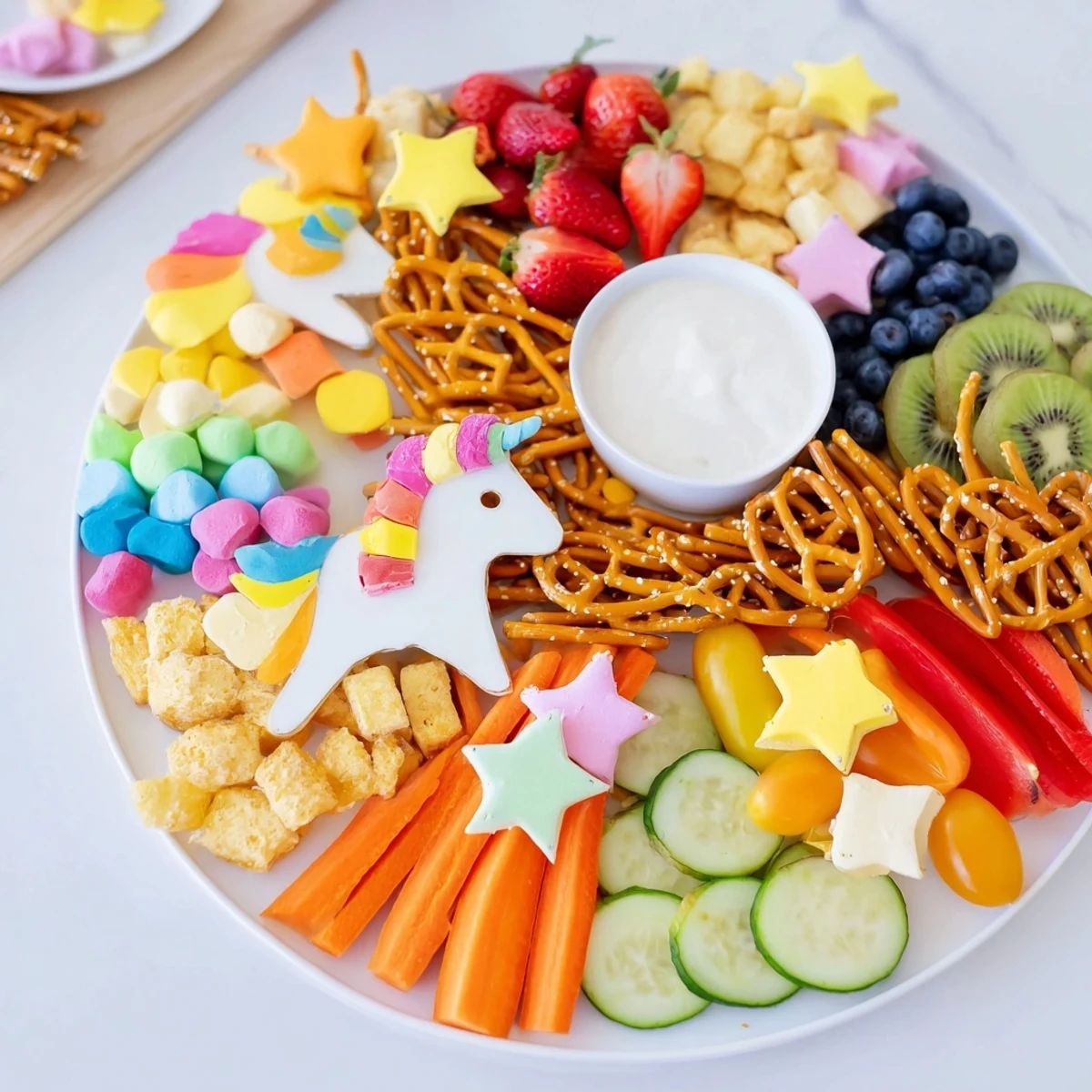 Vibrant Unicorn Party Platter with colorful fruits, veggies, and candies; a delightful appetizer for kids.