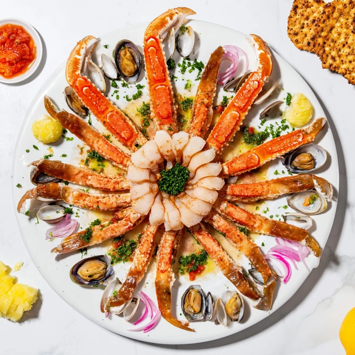 A beautifully arranged starfish and shell appetizer board perfect for a seafood lover's gathering.