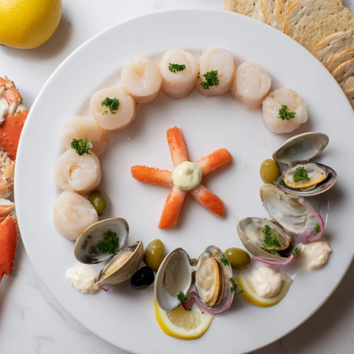 Serve this elegant starfish & shell appetizer, a stunning assortment of chilled seafood, ready to enjoy.